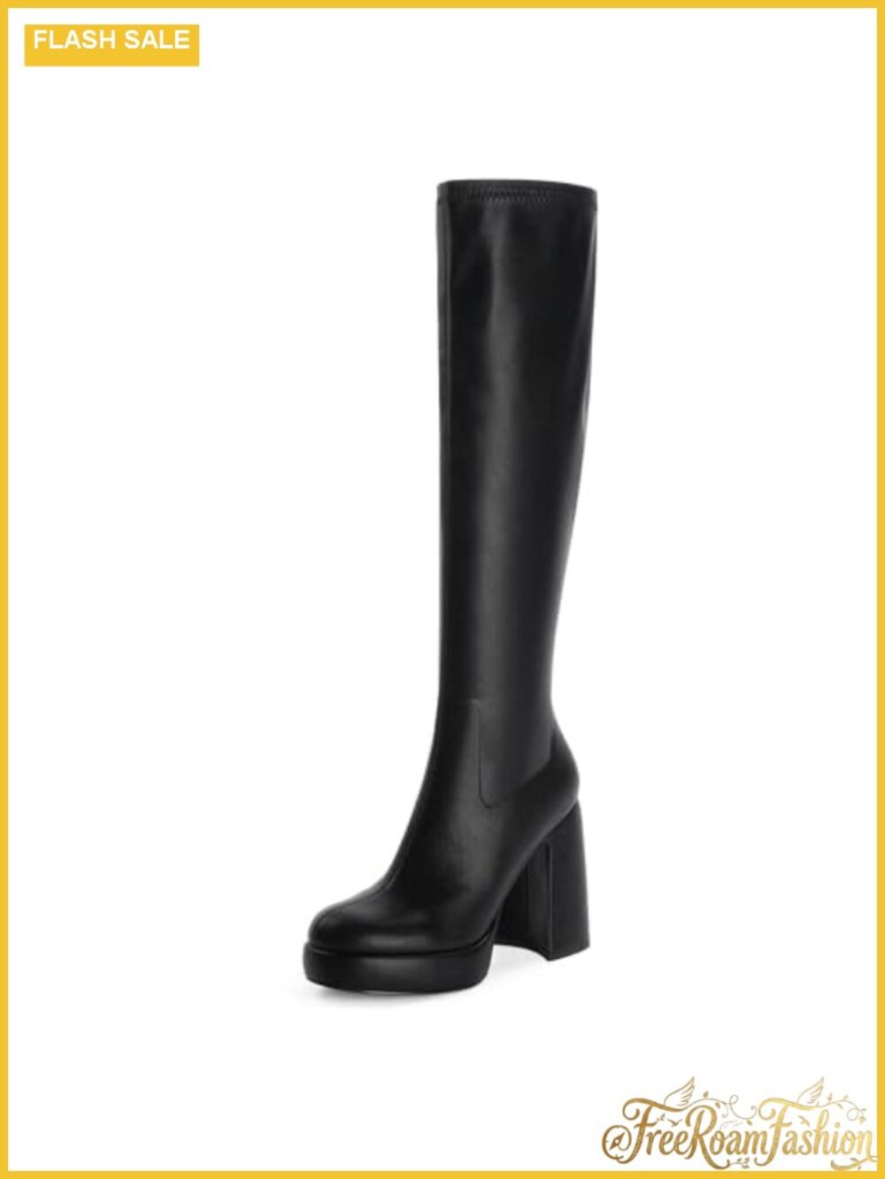 Platform Knee High Boots Chunky Heel Rounded Toe Side Zipper Tall Boots